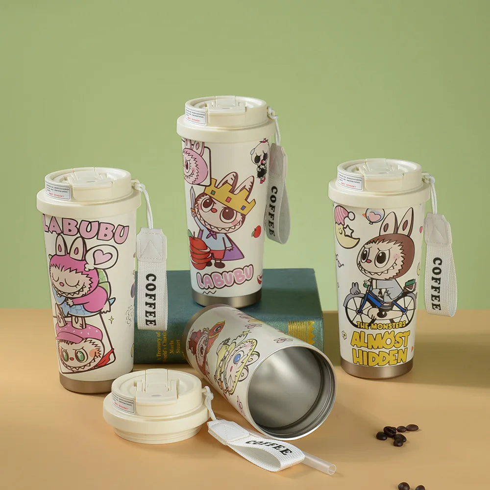 "Labubu Cute Cartoon Coffee Thermos – Leakproof Portable Travel Mug with Lid"