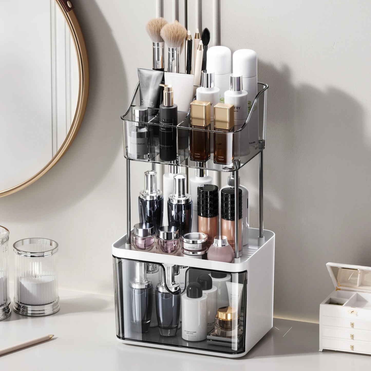 "Luxury 3-Tier Cosmetic & Skincare Organizer with Dustproof Cover"