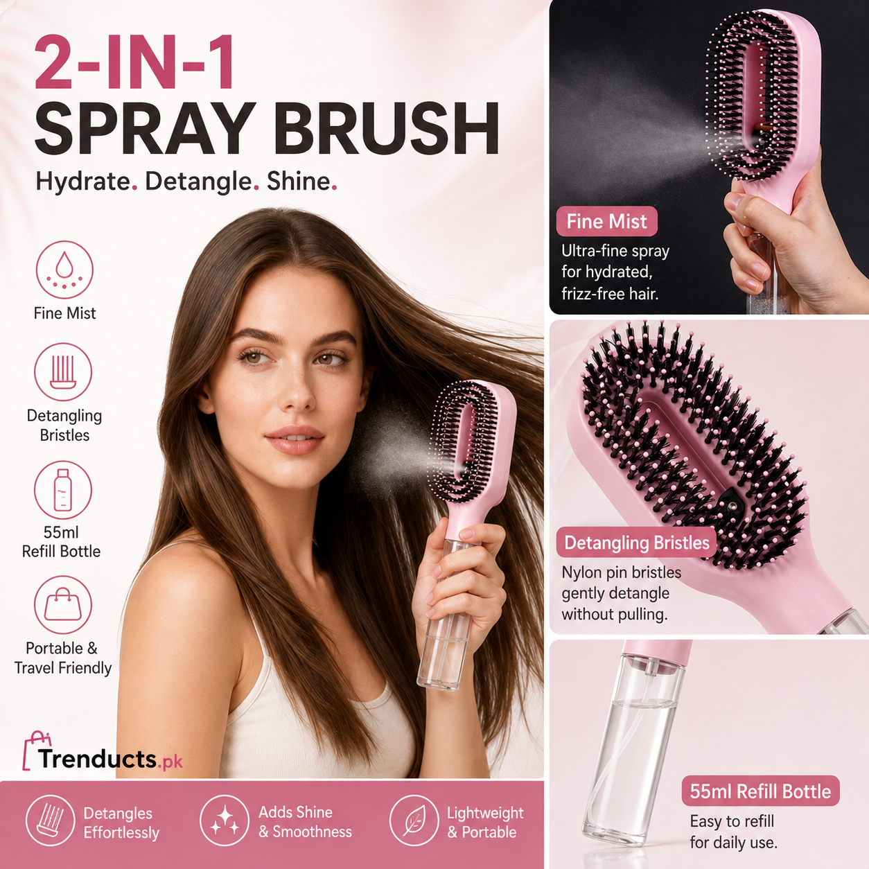 2-in-1 Fine Mist Spray Hair Brush with Refillable 55ml Bottle
