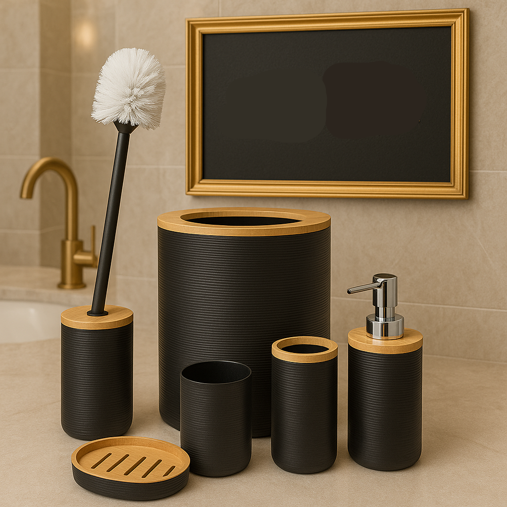 Premium Black 6 Pcs Bathroom Accessories Set with Bamboo Accents – Modern Luxury