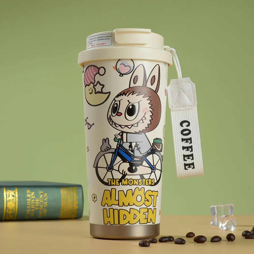 "Labubu Cute Cartoon Coffee Thermos – Leakproof Portable Travel Mug with Lid"