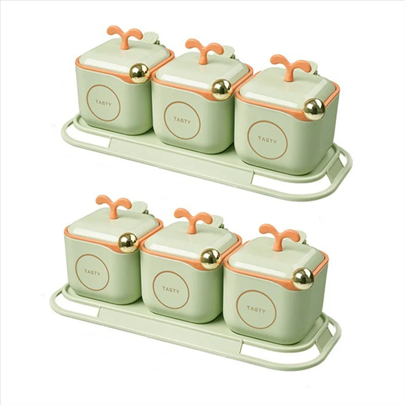 Elegant 3-Piece Spice Jar Set with Tray & Spoons – Airtight Kitchen Storage