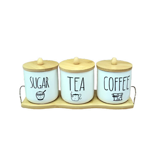 Ceramic Jar Set of 3pcs With Wooden Lid Tray