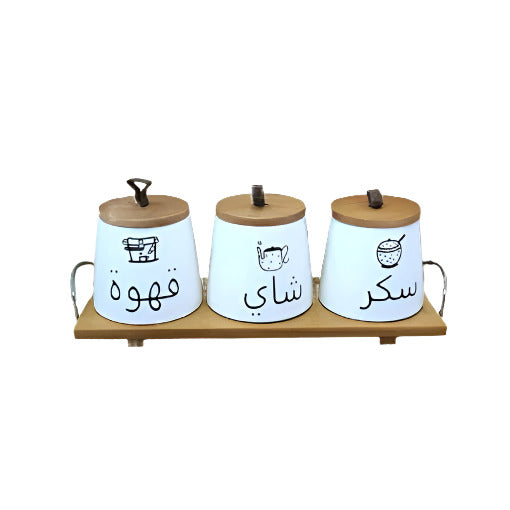 Ceramic Jar Set of 3pcs With Wooden Lid Tray