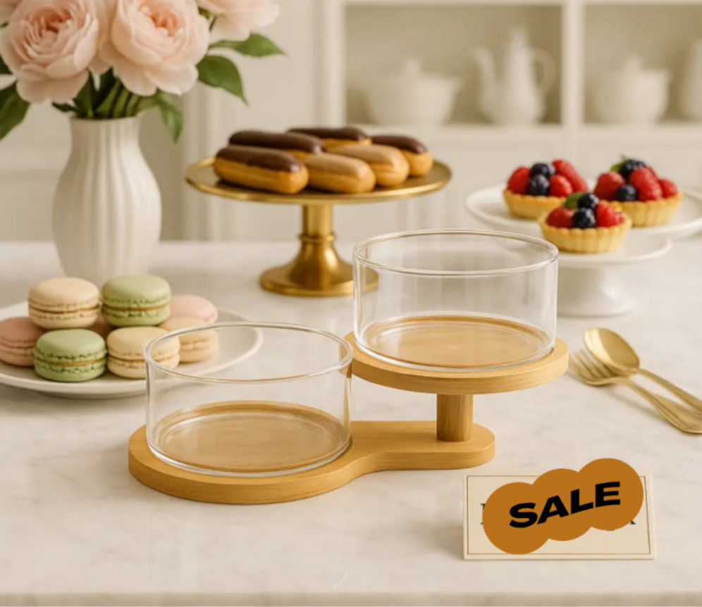 Luxury Dual Glass Dessert Bowl Set with Bamboo Stand – Tiered Dessert Server for Home & Events