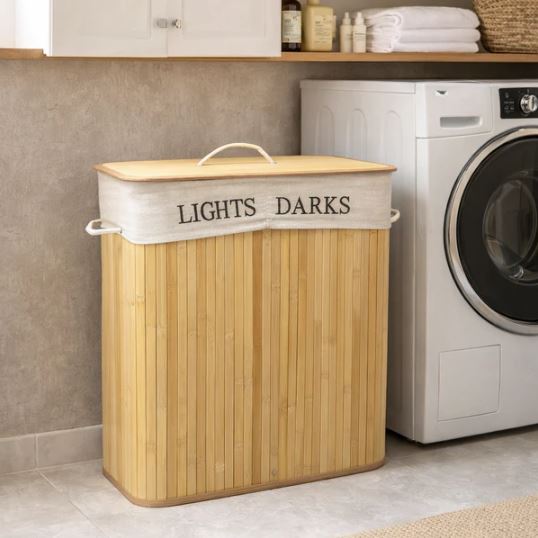 Rectangular Dual Compartments Bamboo Laundry Basket