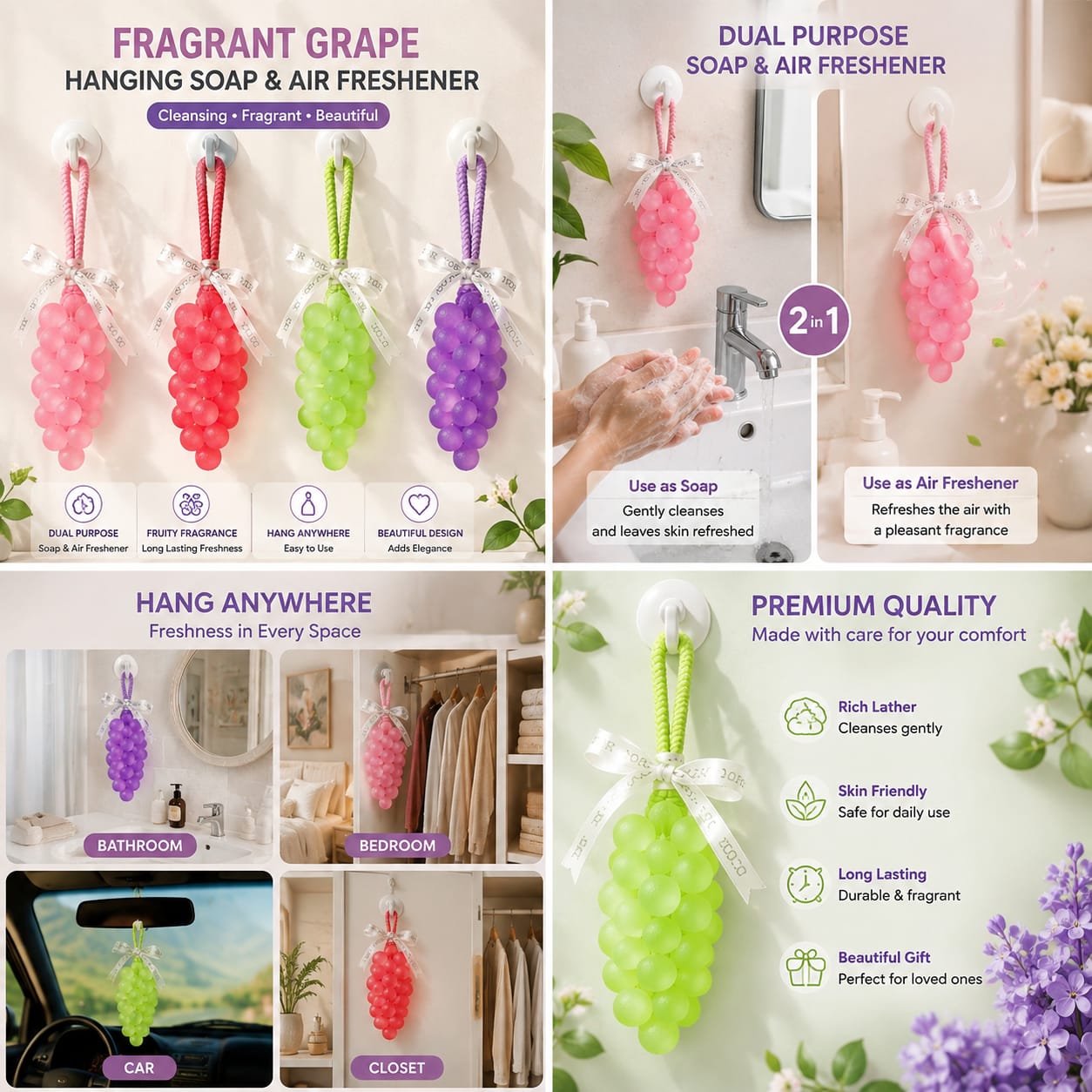 Grape Hanging Soap & Air Freshener 2-in-1 | Fruity Scented Decorative Soap for Home, Car & Wardrobe
