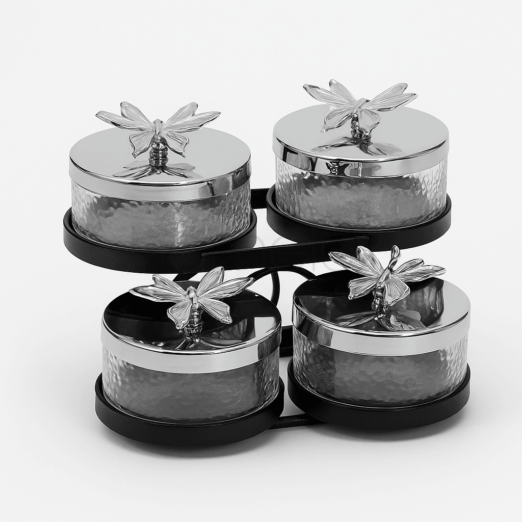 Black & Silver Butterfly 4-Piece Condiment Set with Stand
