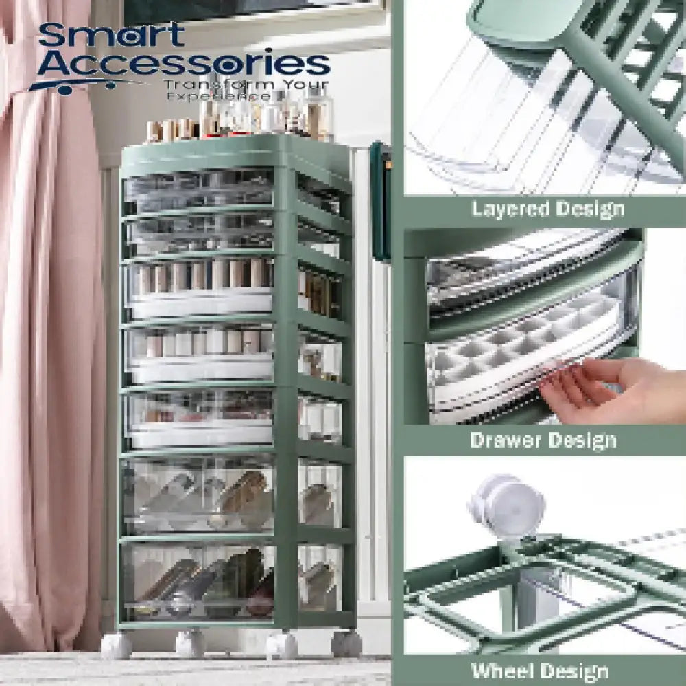 Cosmetic Organizer Cart With Handle And Lockable Wheels