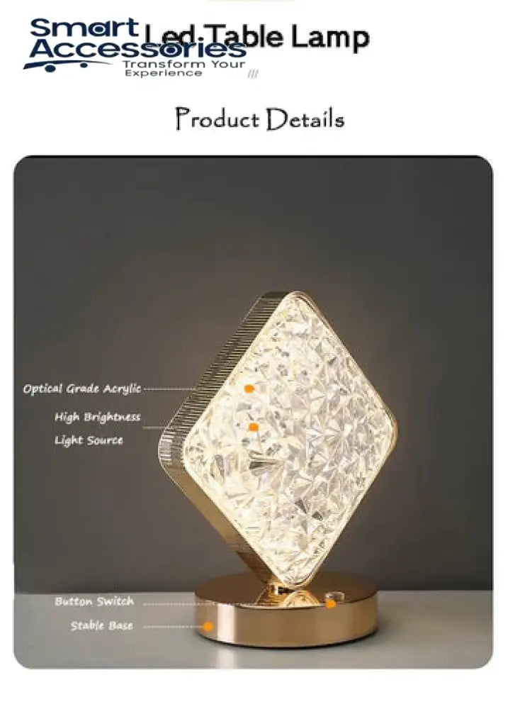 Crystal Square Table Lamp Touch Control Bedside With 3 Levels Brightness