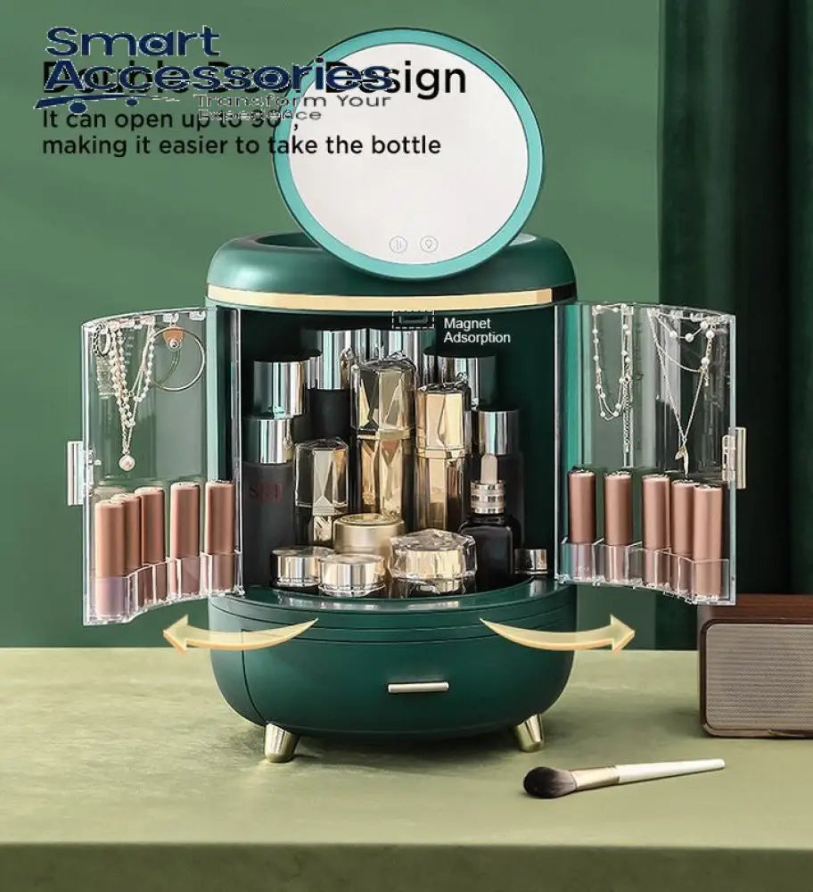 Double Door Cosmetic Organizer With Led Mirror
