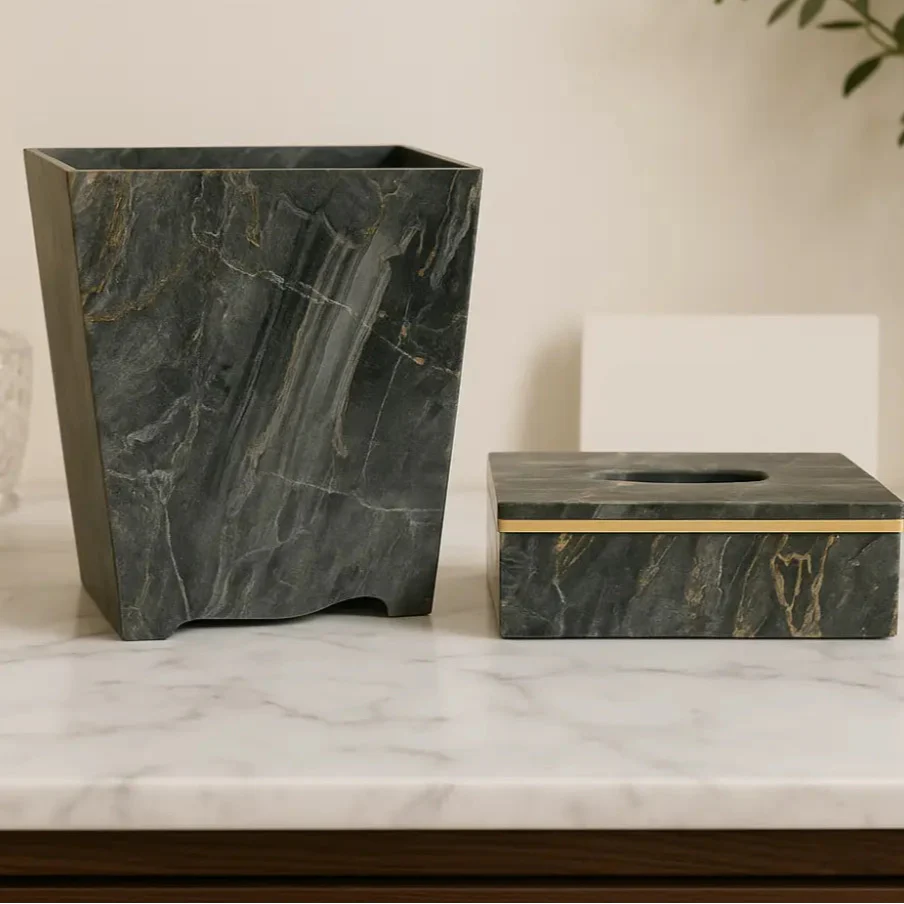 Luxury Black Marble Tissue Box & Dustbin Set – Elegant Gold Veined Design