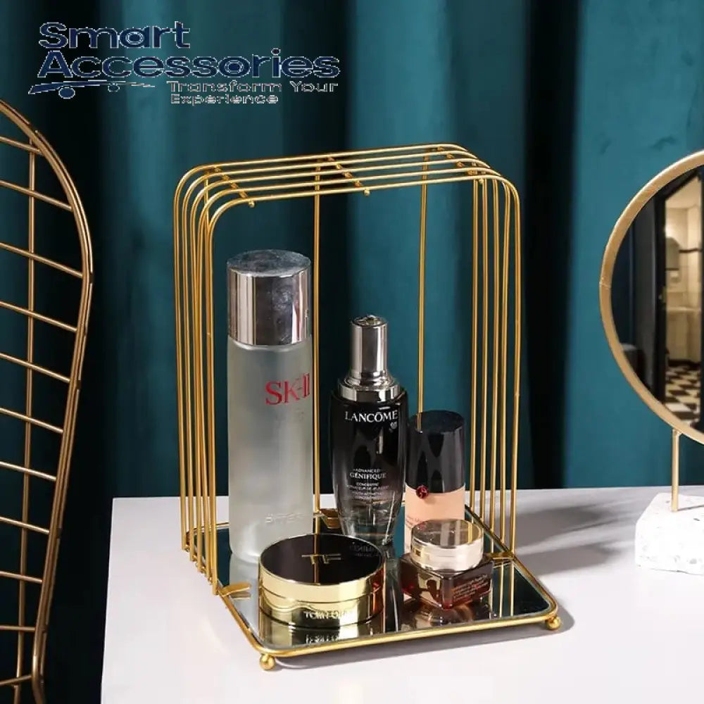New Style Birdcage Makeup Organizer Metal Brass Cosmetic With Mirror Shelves Square Shape