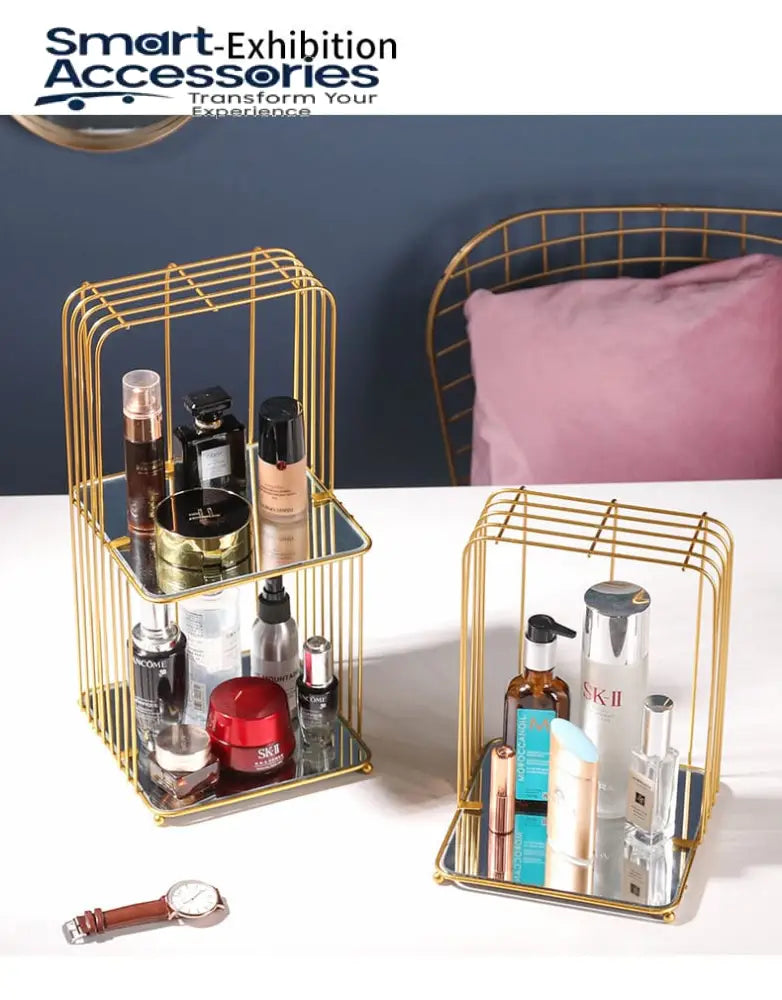 New Style Birdcage Makeup Organizer Metal Brass Cosmetic With Mirror Shelves Square Shape