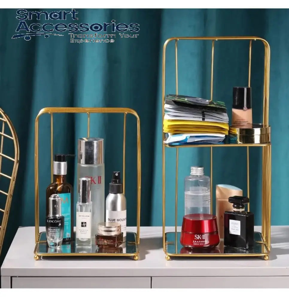 New Style Birdcage Makeup Organizer Metal Brass Cosmetic With Mirror Shelves Square Shape