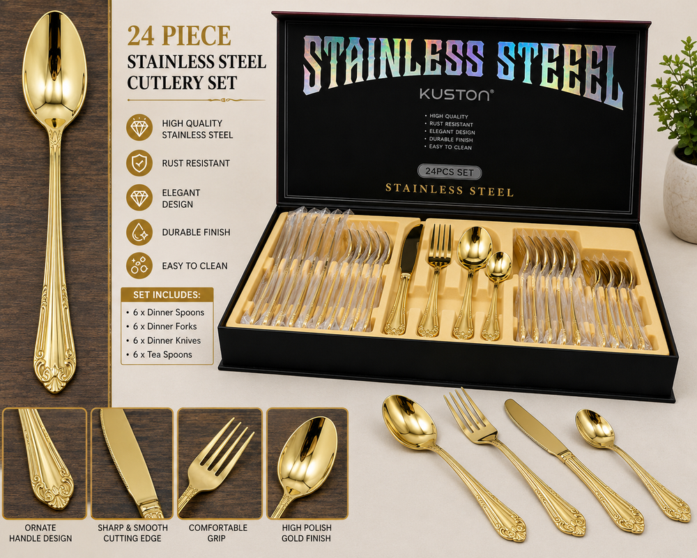 24 Piece Stainless Steel Golden Cutlery Set