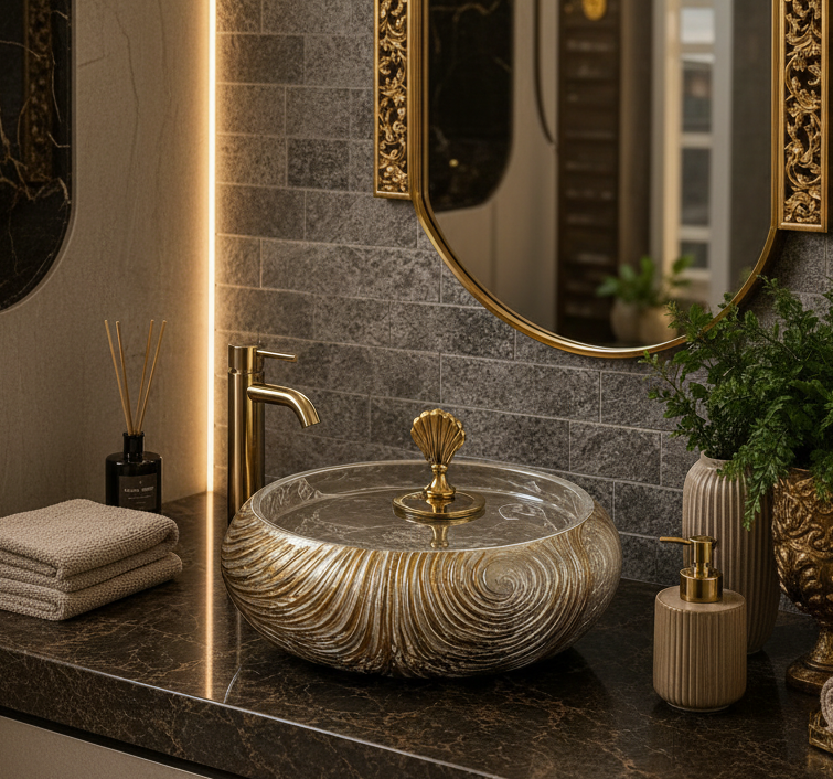 Luxury Round Textured Ceramic Vessel Wash Basin With Decorative Lid