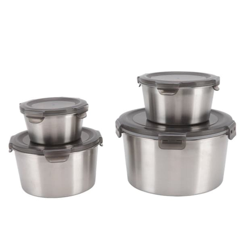 4Pcs Stainless Steel Storage Food Containers Round Box Set With Look