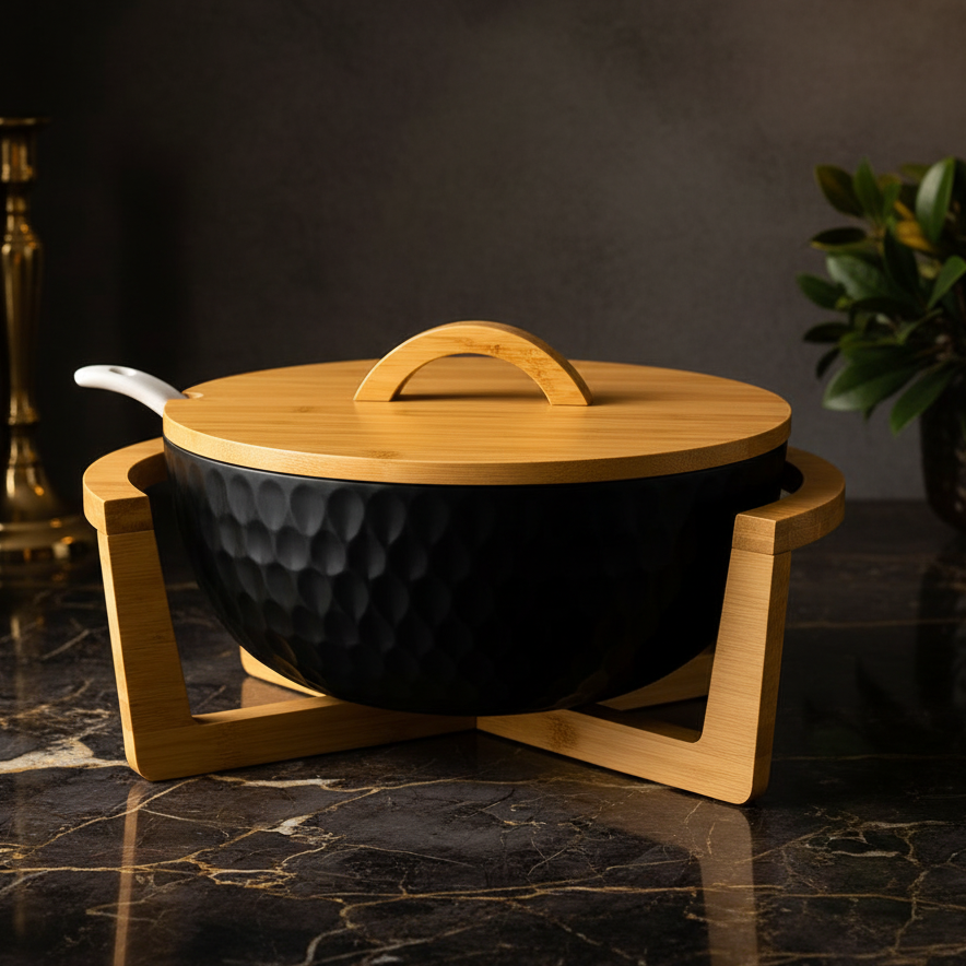 Modern Serving Bowl With Wooden Lid & Stand