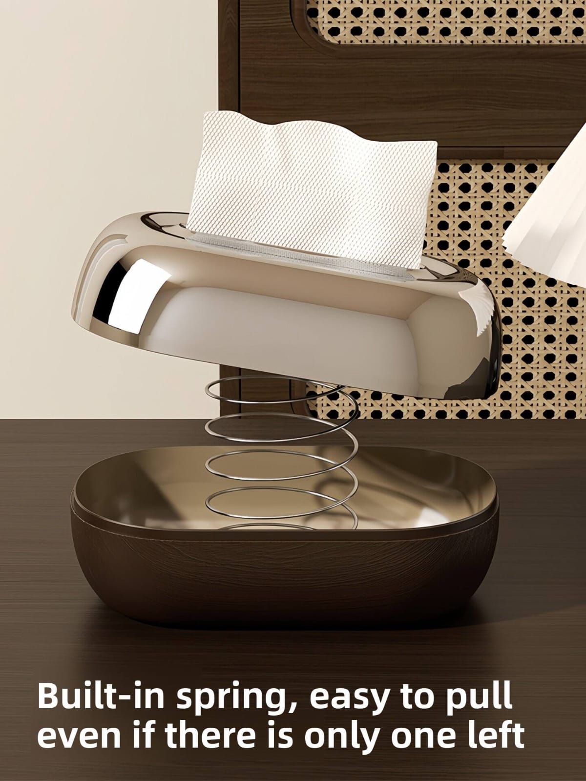 Premium Oval Chrome Style Finishing Tissue Box With Wooden Base