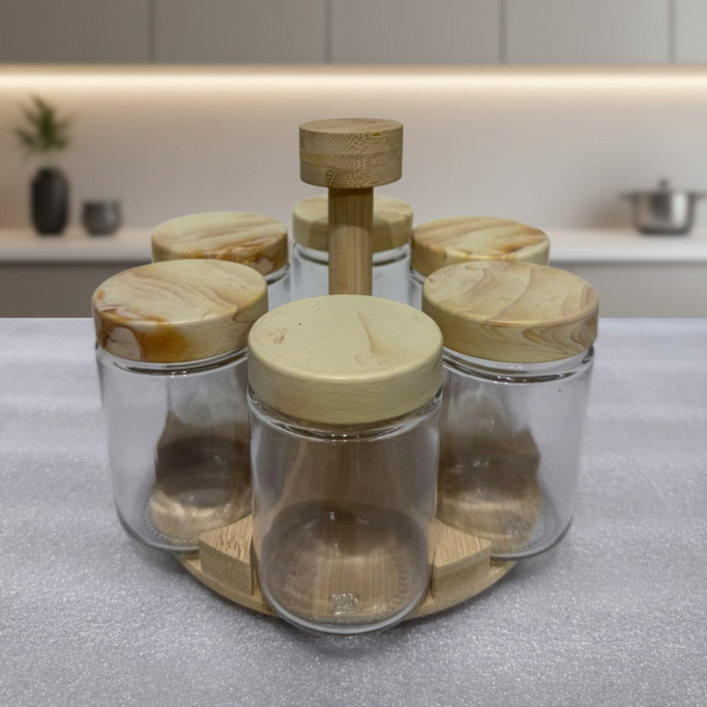 Wooden Spices Jars Set With Rotating Stand