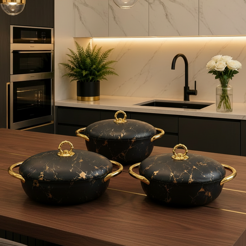 3-Piece Premium Marble Insulated Casserole Hotpot with Gold Handles