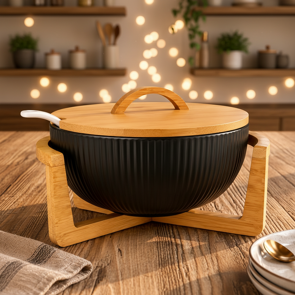 Modern Serving Bowl With Wooden Lid & Stand