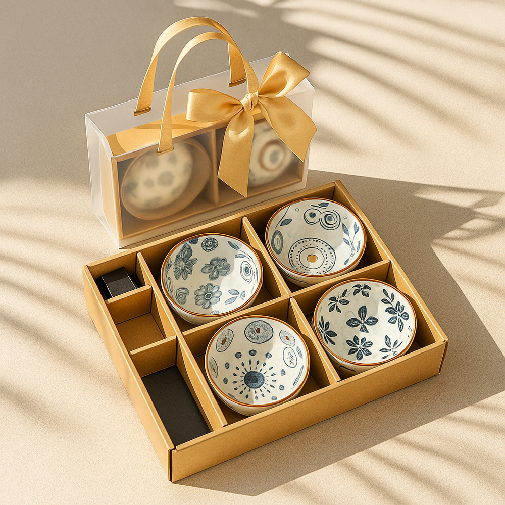 4-Pieces Elegant Japanese Ceramic Bowls Accompanied by a Golden Ribbon Bag