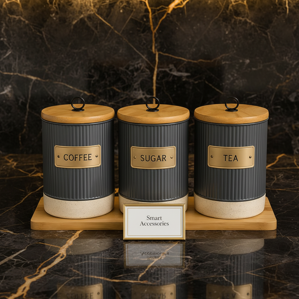 3-Piece Conister Set With Matching Wooden Tray Organizer