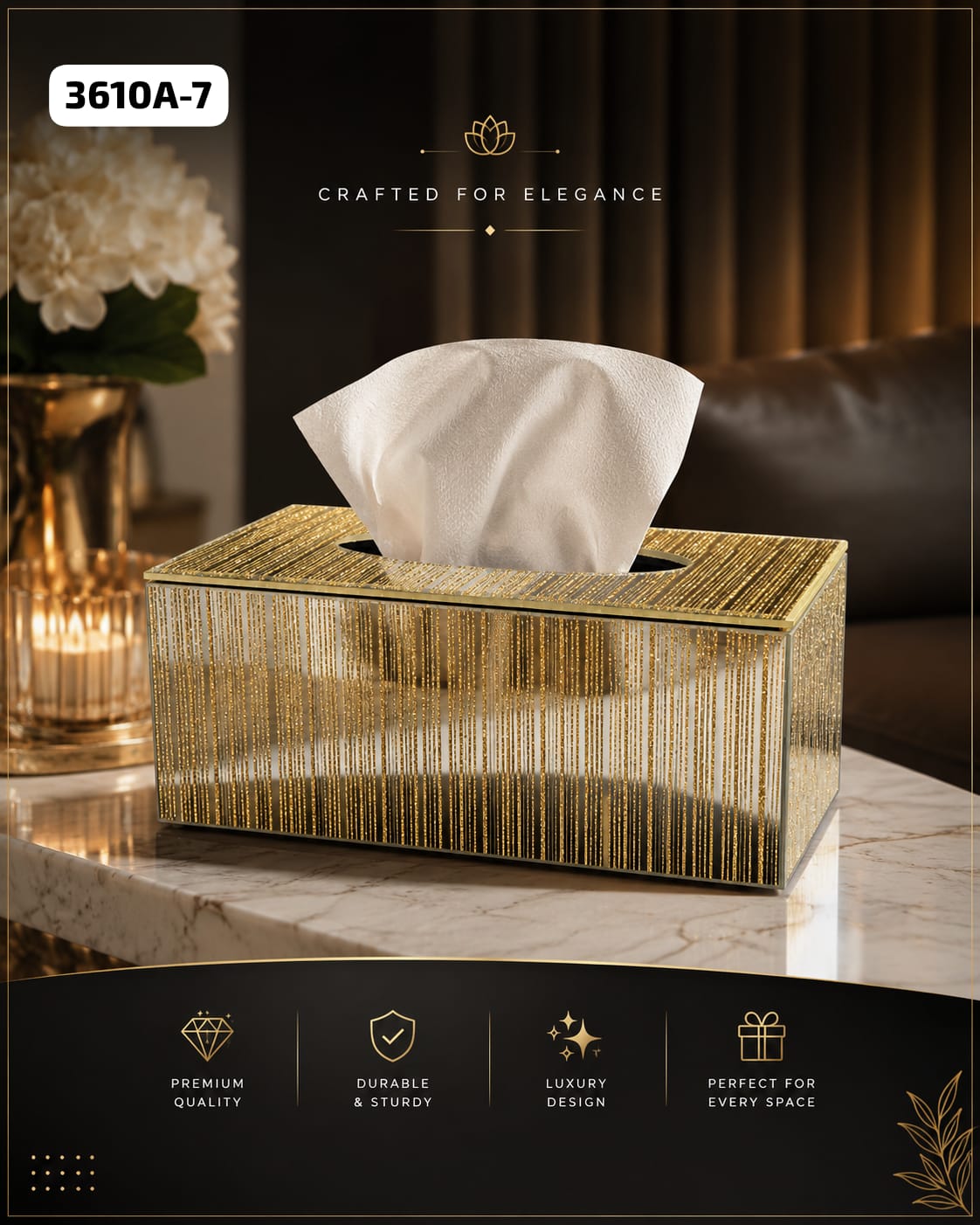 Luxurious Elegant Mirror Golden Glass Tissue Storage Box