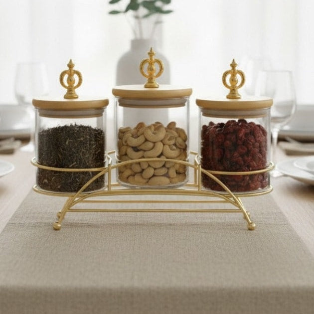 Majestic 3-Piece Glass Jar Set with Golden Metal Stand