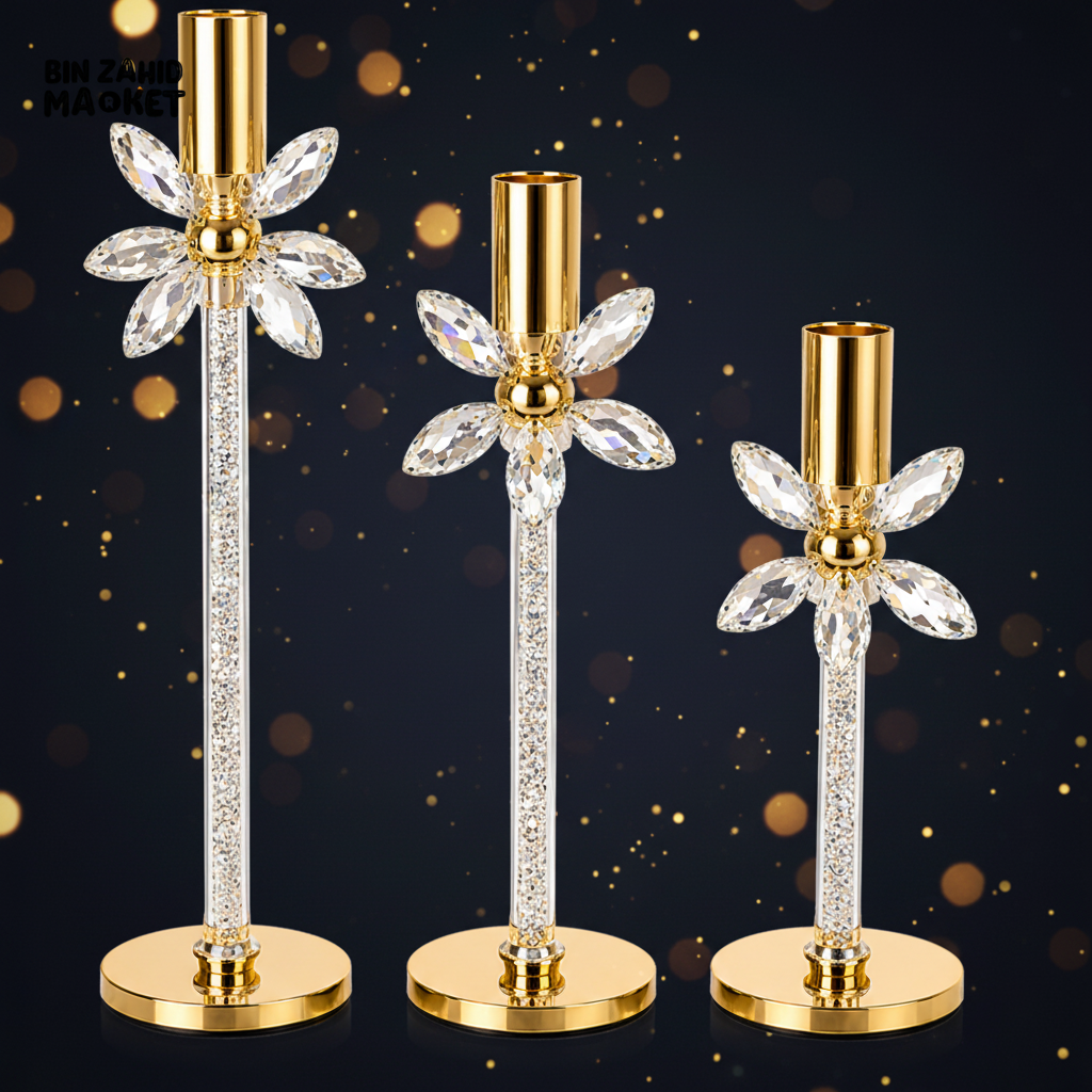 Luxury Gold Crystal Flower Candle Holder Set (3Pcs)