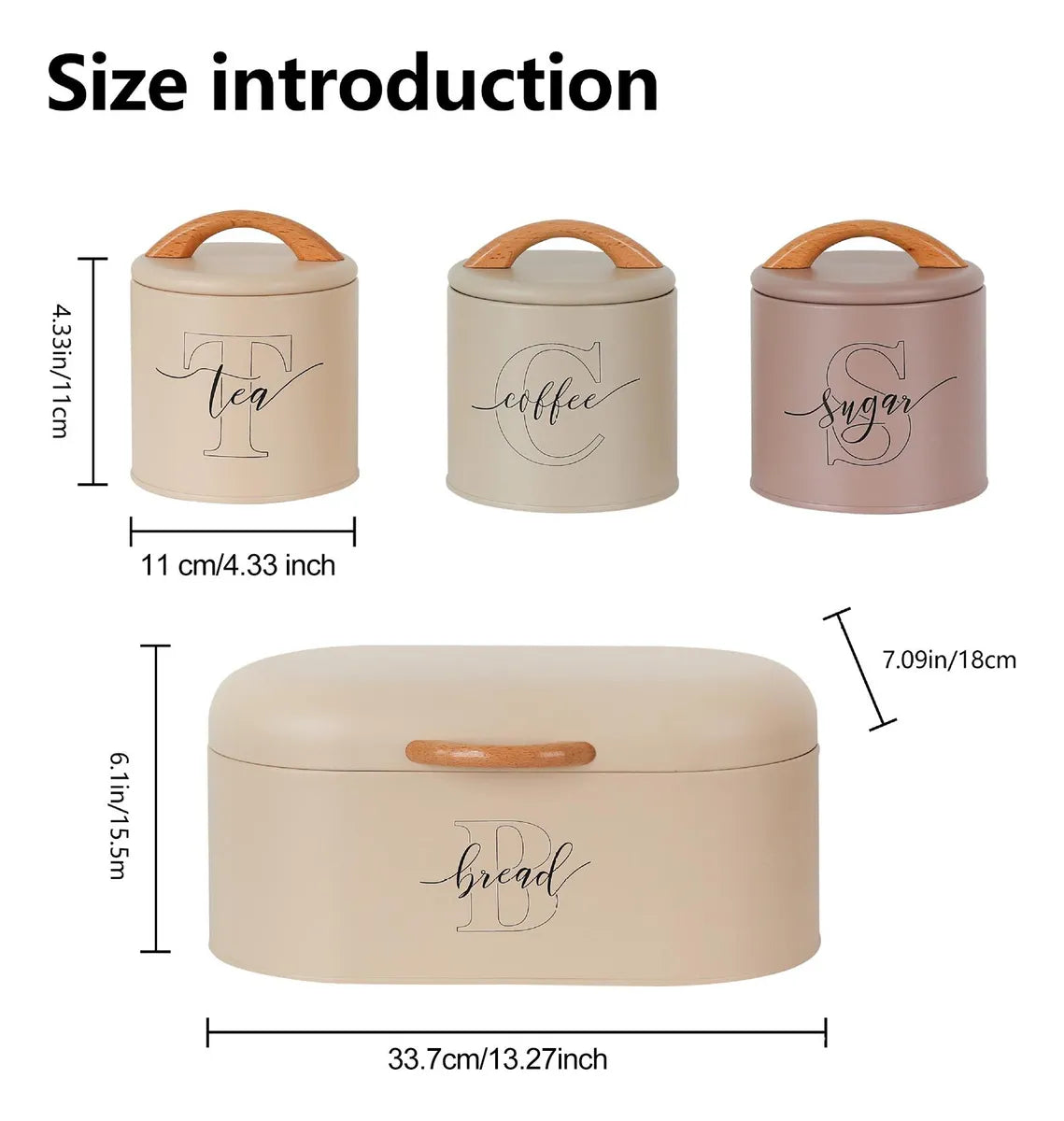 Bread Box With Sugar Coffee Tea Canisters Metal Pantry Countertop 4-Pieces Set