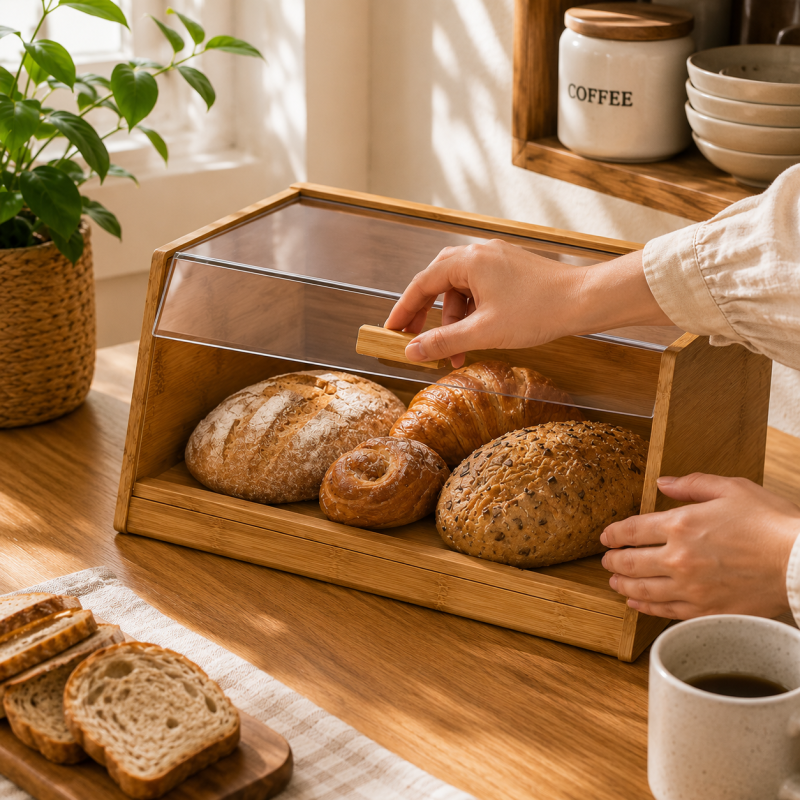Wooden Countertop Bread Organizer Acrylic Lid
