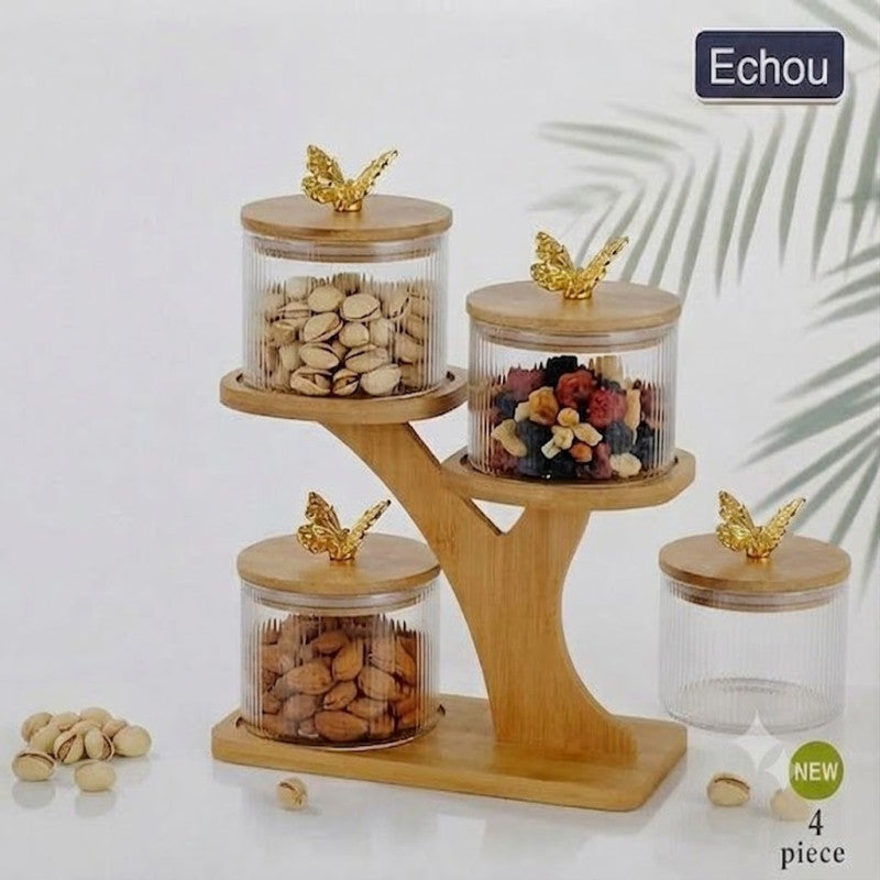Butterfly High Borosilicate Glass Airtight Dry Fruit Jar Set with Bamboo Tree Organizer