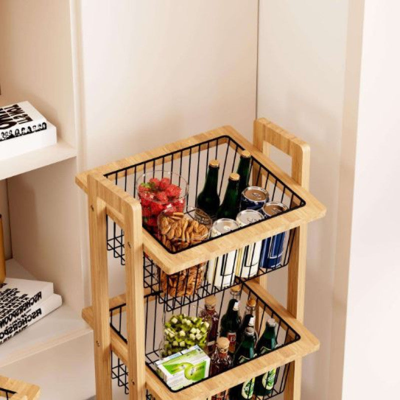 3-Tier Movable Wooden Storage Cart, Multi-Function Organizer Trolley
