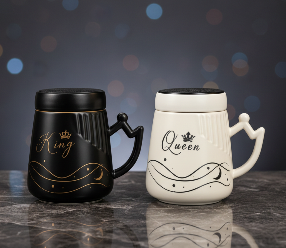 King & Queen Coffee Mugs Set With Lid (2-Pieces)