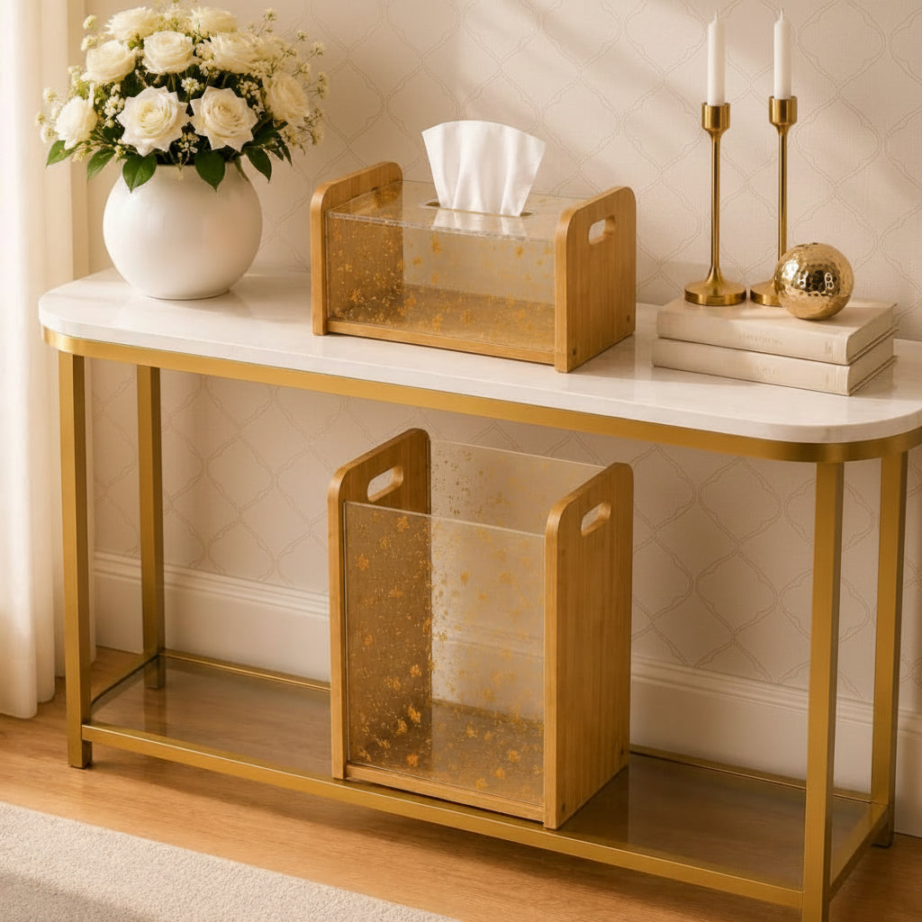 Bamboo & Gold Flake Acrylic Tissue Box With Trash Bin Set