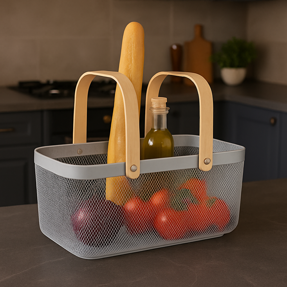Modern Metal Mesh Fruit And Vegetables Basket With Wooden Handles