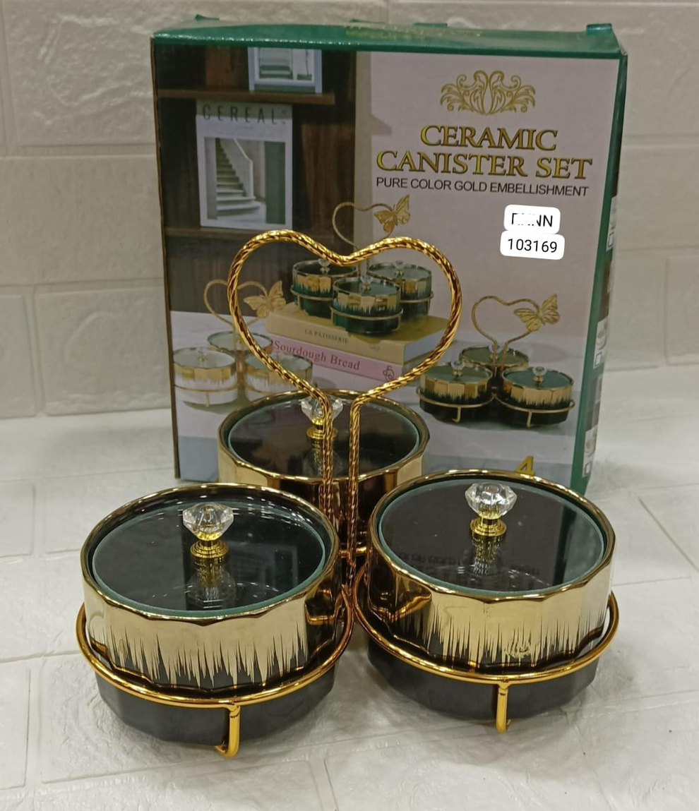 Royal And Luxurious Elegant Black & Gold Ceramic Jar Set – Crystal Lid with Heart Handle