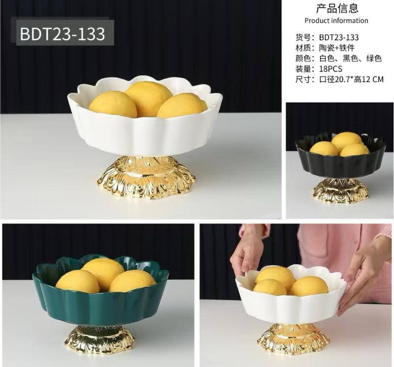 Multipurpose Kitchen luxury Ceramic Fruit Bowl With Ornate Gold Base