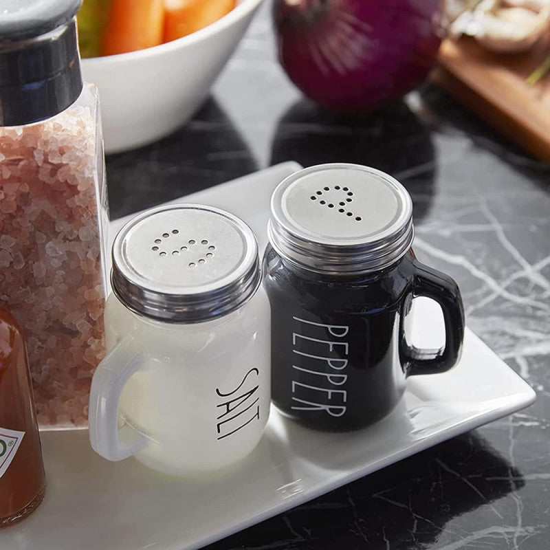 Salt and Pepper Shaker Set, Glass Black and White Shaker Set with Stainless Steel Lid (Black / White)