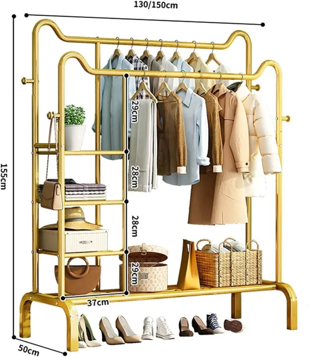 Metal Double Pole Freestanding Clothing Rack With Side and Lower Storage Shelves