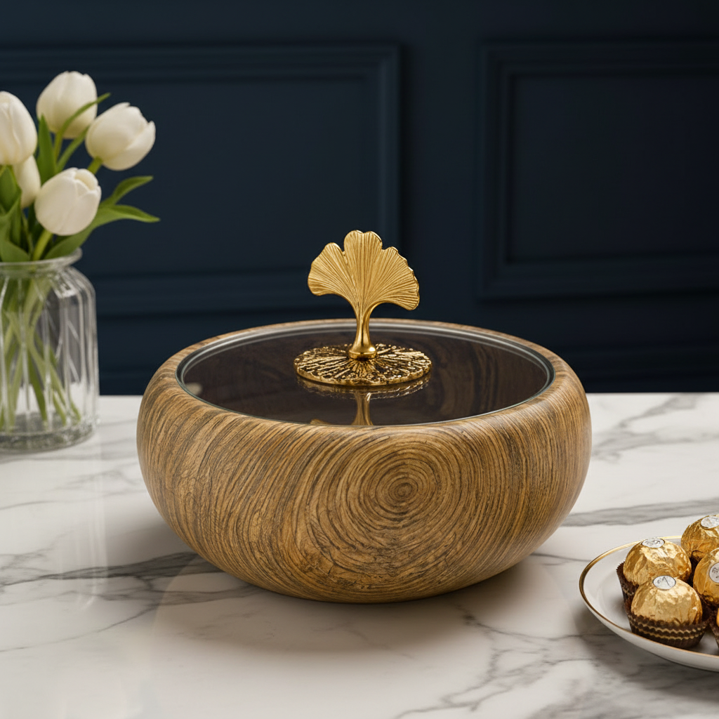 Luxury Kitchen Decorative Wood Grain Storage Bowl With Glass Lid