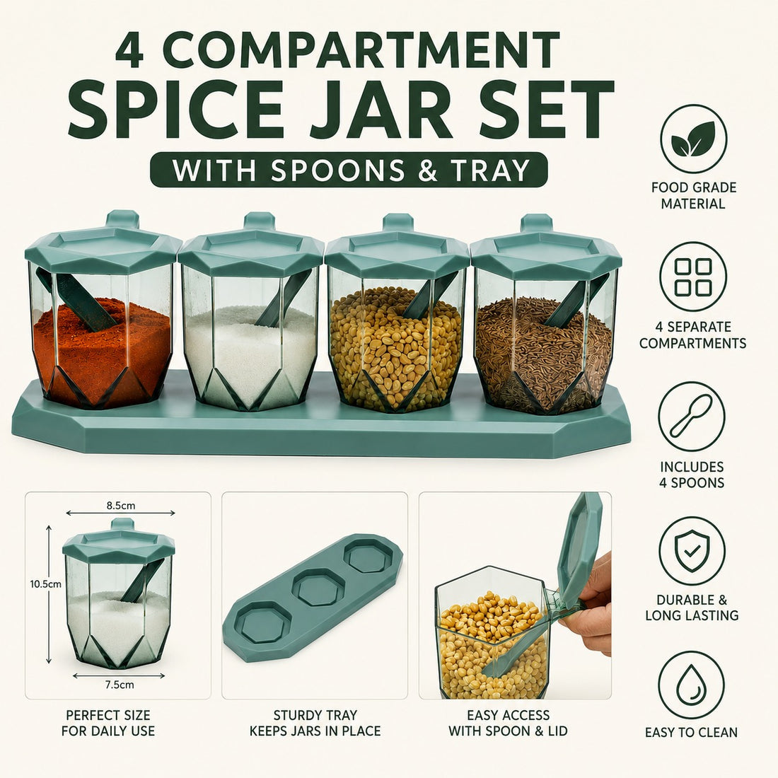4 Compartment Spice Jar Set With Spoons & Tray