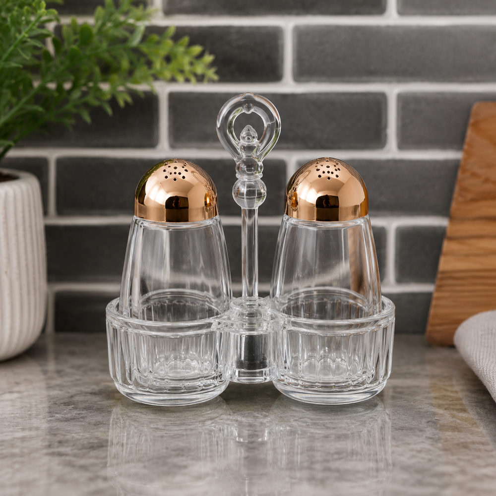 Elegant 2-Pieces Glass Salt & Pepper Shaker Set With Rose Gold Lids