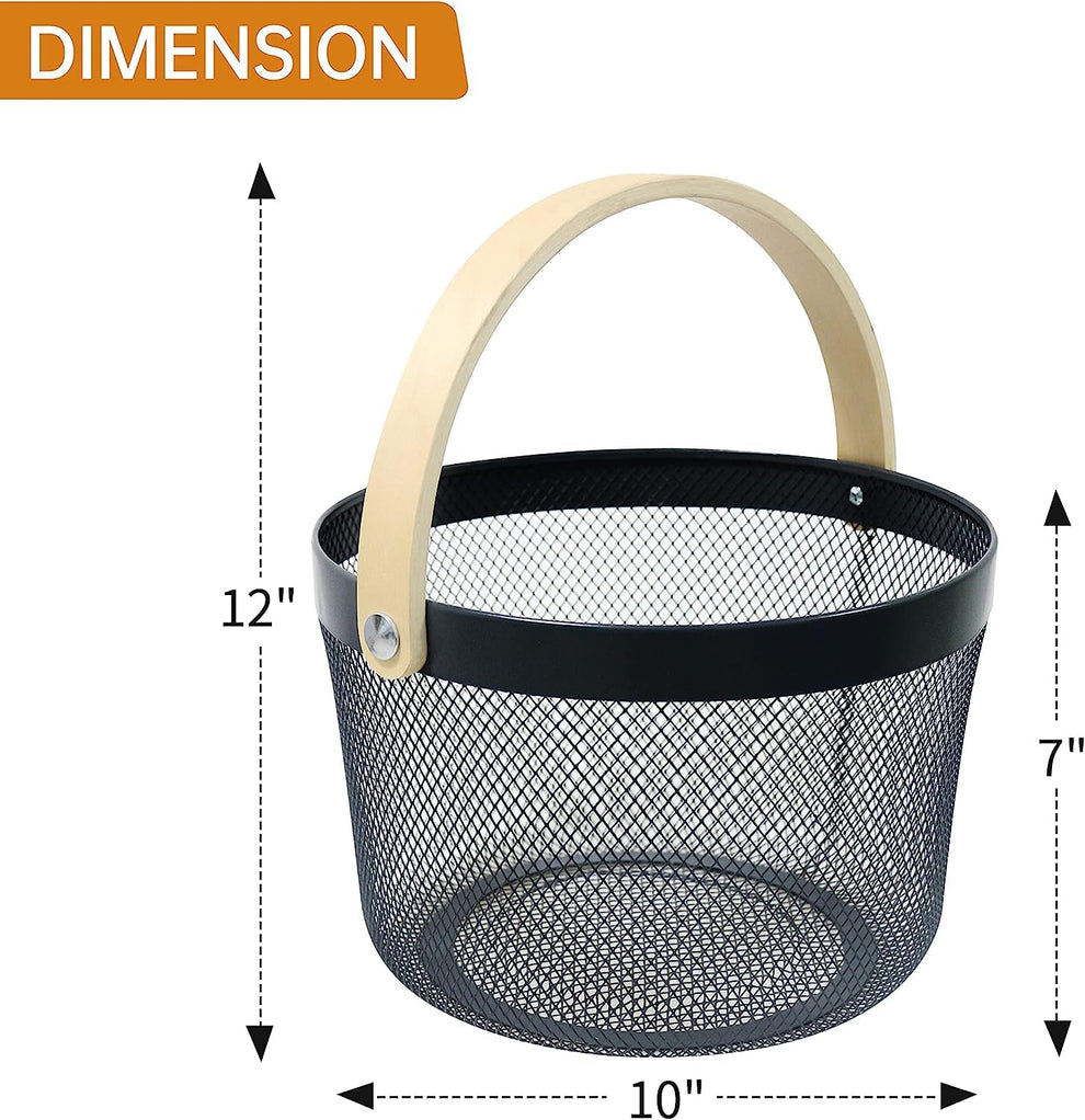 Round Metal Mesh Storage Basket With Wooden Handle