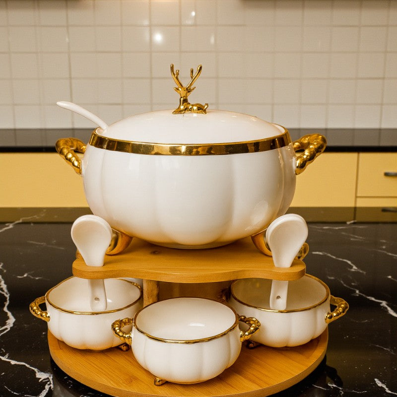 16-Piece Royale Soup Set With Wooden Stand White and Golden