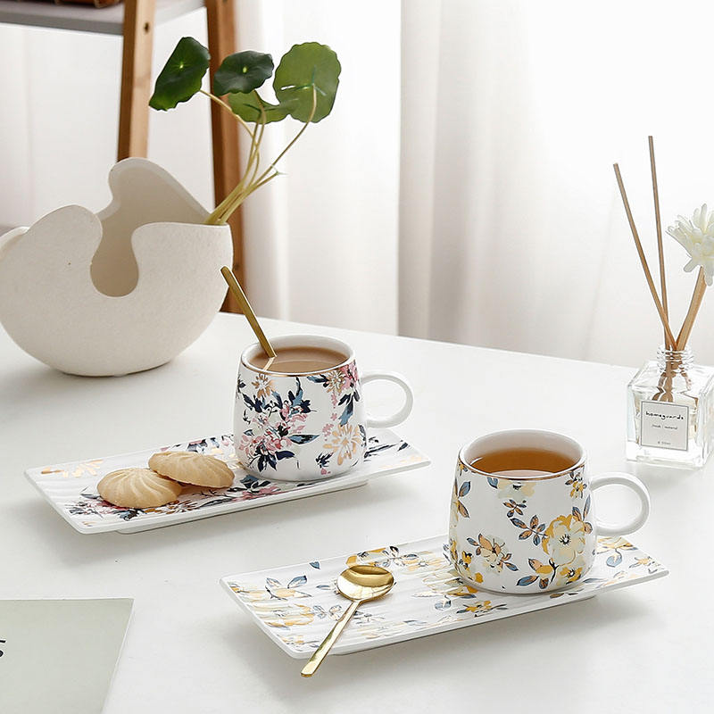 Floral Ceramic Coffee Mug With Tray & Gold Spoon