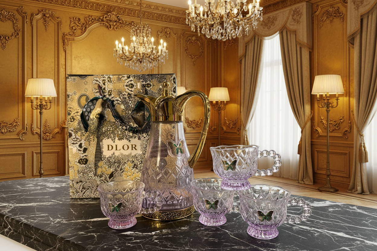Turkish Luxurious Dining Table DLOR Butterfly Logo Jug And Glasses Set With Gift Box Packing
